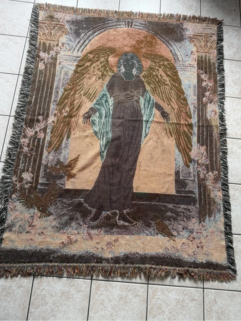 Vintage Lena Liu Angel of Light Woven Tapestry Throw Blanket Cotton